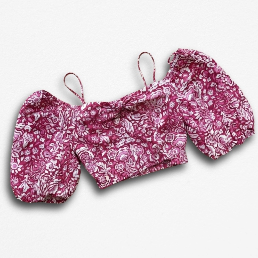 Pink Floral Puff Sleeve Crop Top Off Shoulder Boho Festival Blouse Women Small